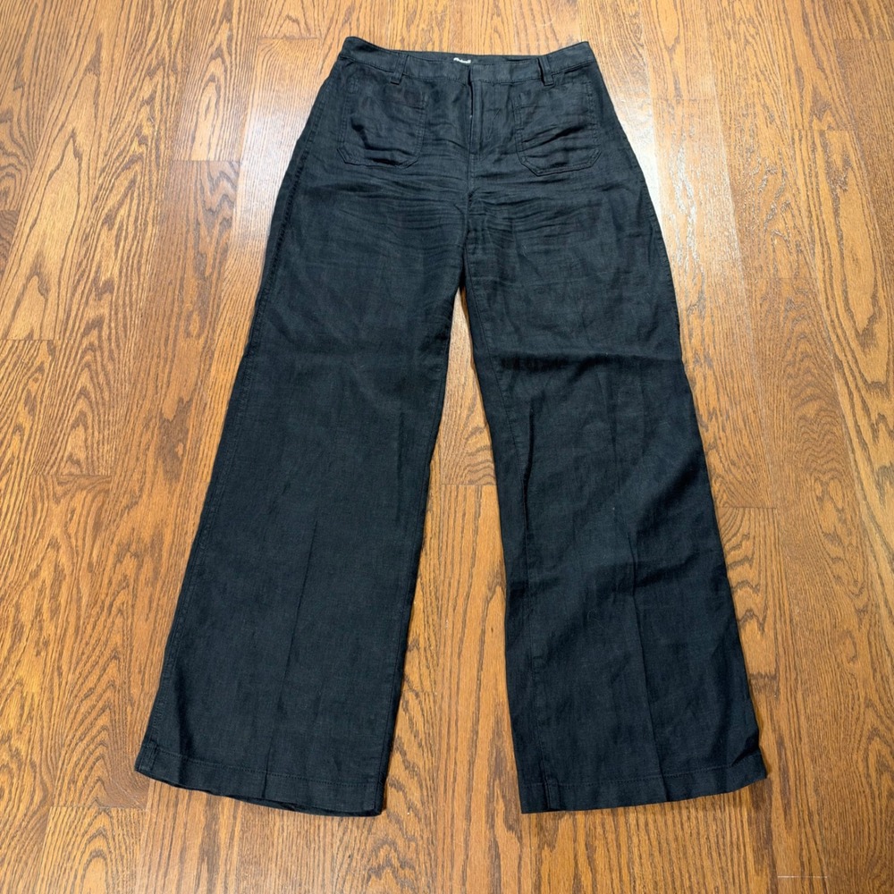 Madewell Black 100% Linen Wide Leg High Rise Patch Pocket Pants Trousers 30x29.5